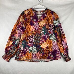 AVARA | Women’s Colorful V Neck Blouse Cuffed Scrunch Sleeve |‎ Small |